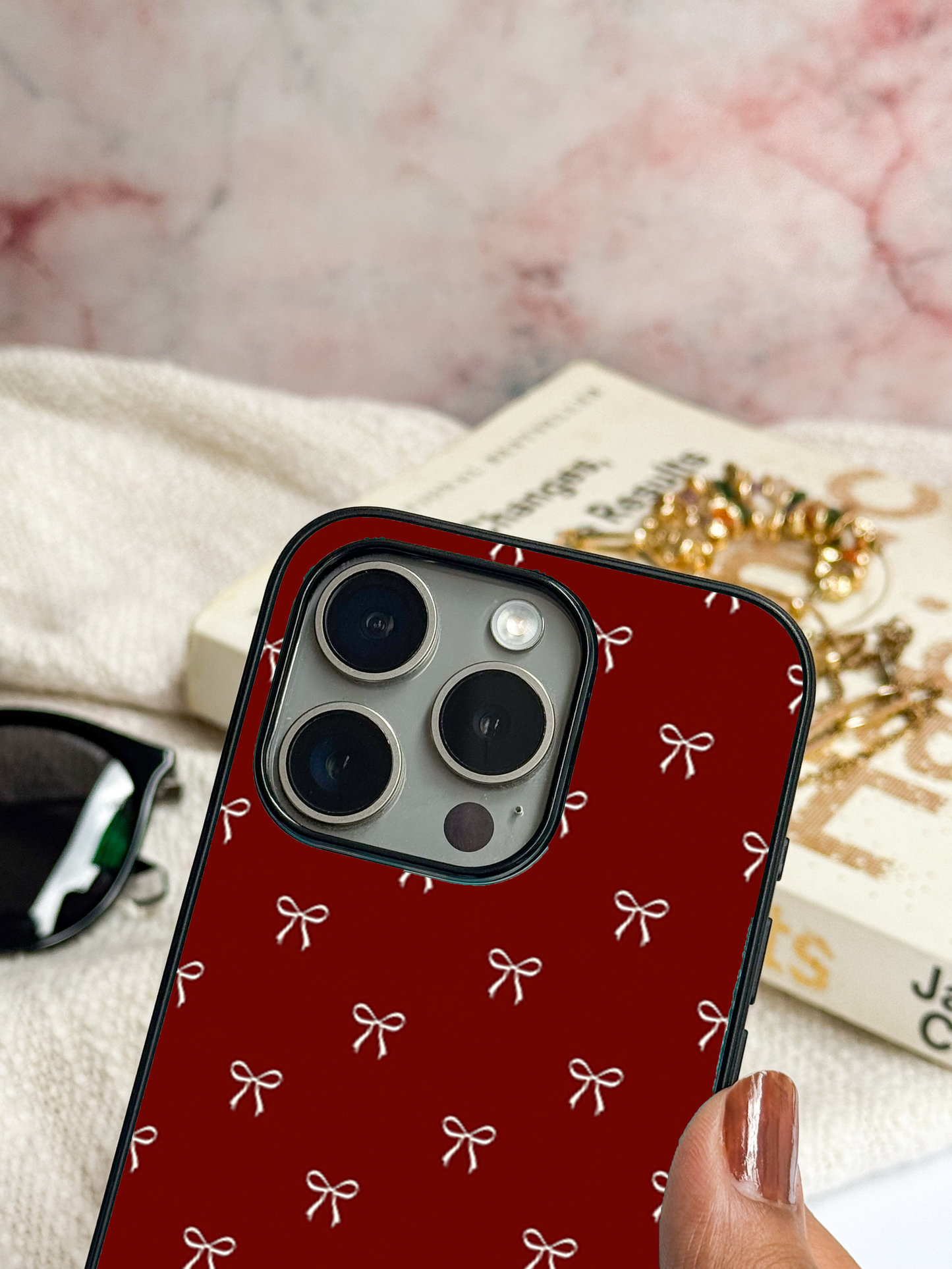 Red Bow Beaut Premium Glass Back Cover For iPhone 11,12,13,14,15,16 Models
