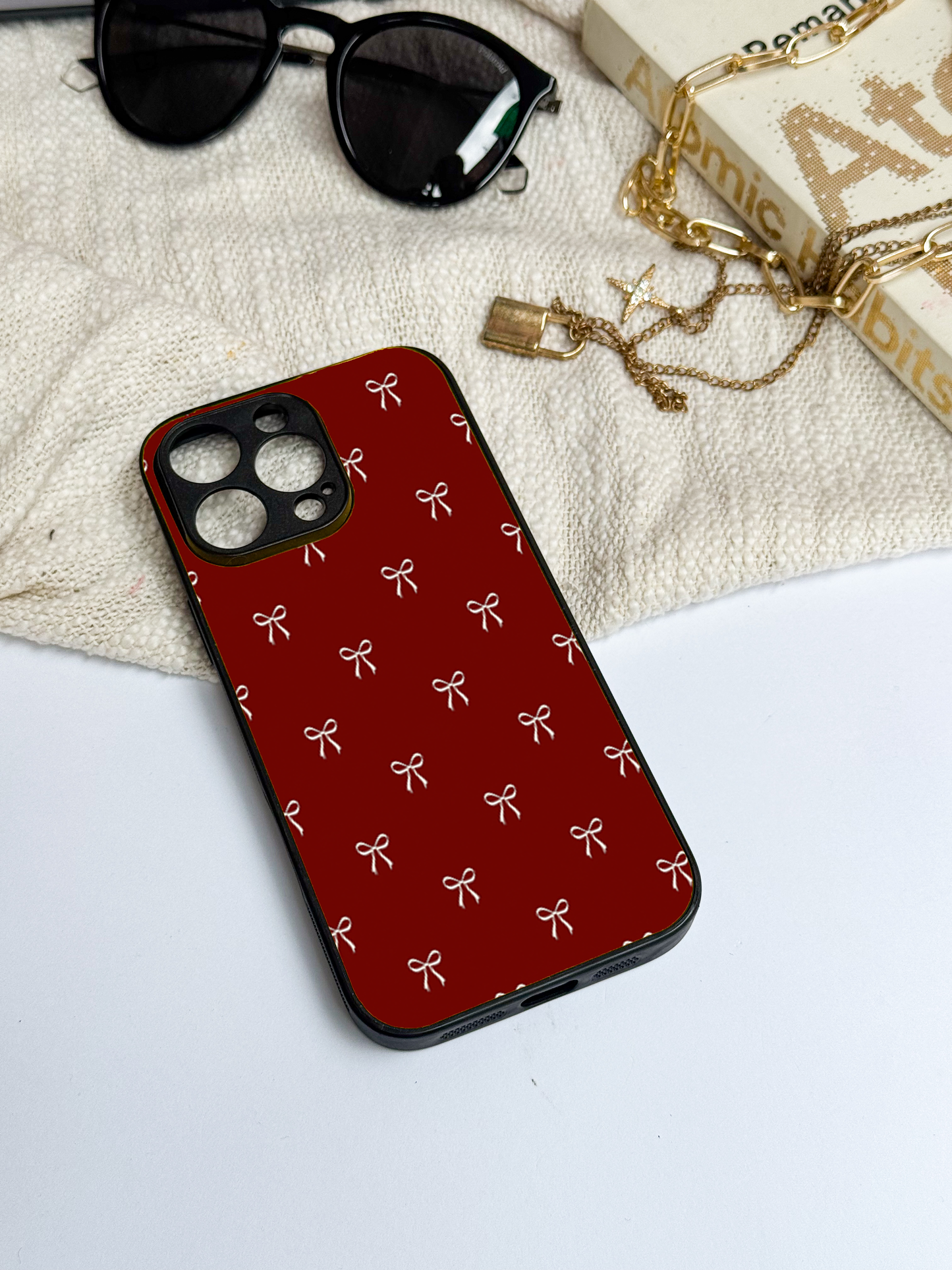 Red Bow Beaut Premium Glass Back Cover For iPhone 11,12,13,14,15,16 Models