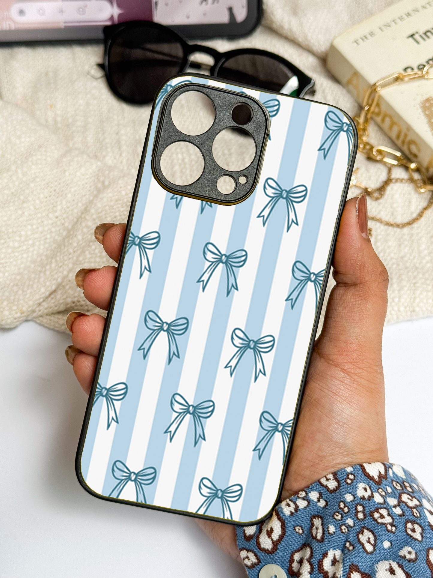 Blue Bows Stripes Sketch Premium Glass Back Cover For iPhone 11,12,13,14,15,16 Models