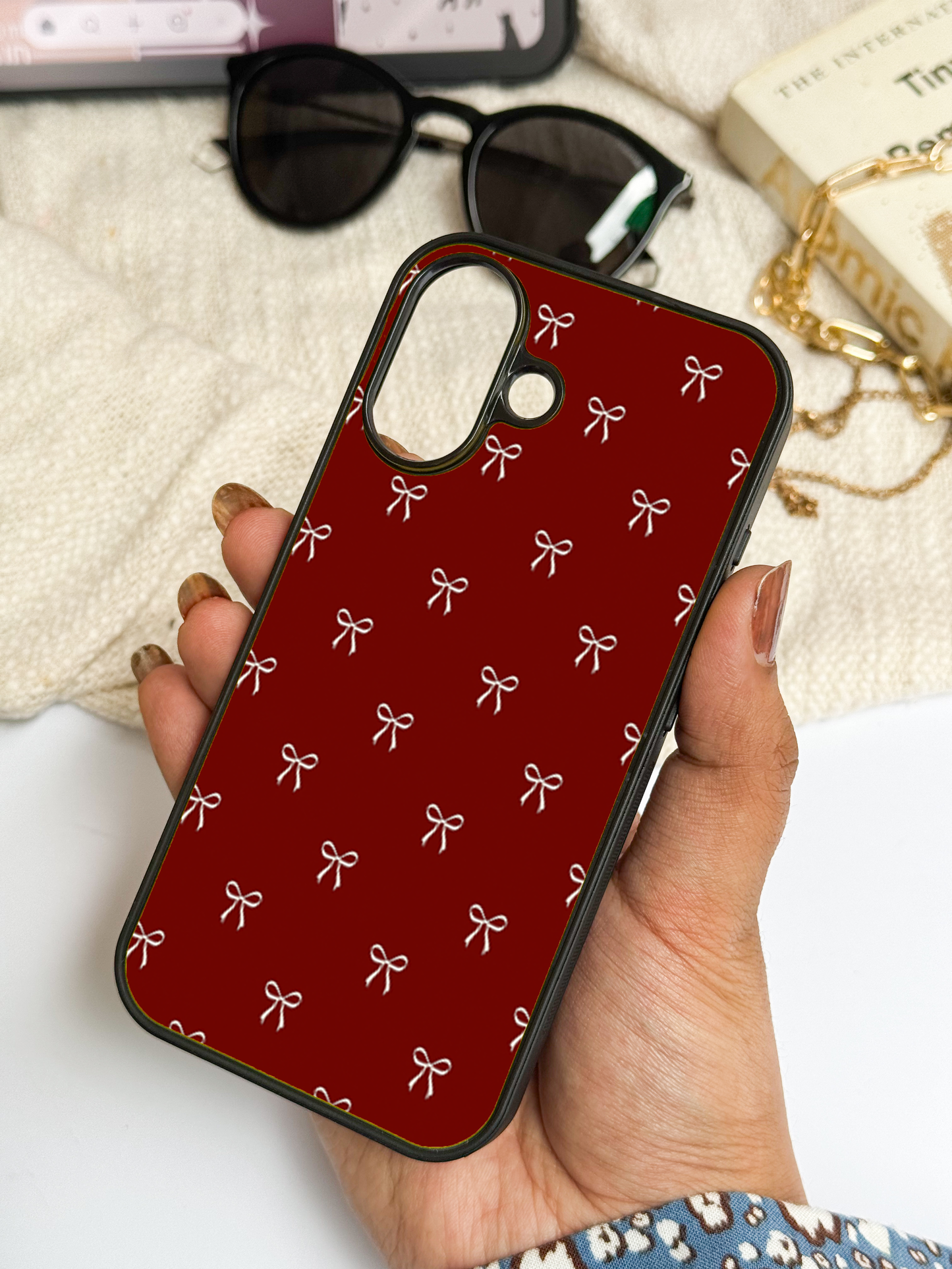 Red Bow Beaut Premium Glass Back Cover For iPhone 11,12,13,14,15,16 Models