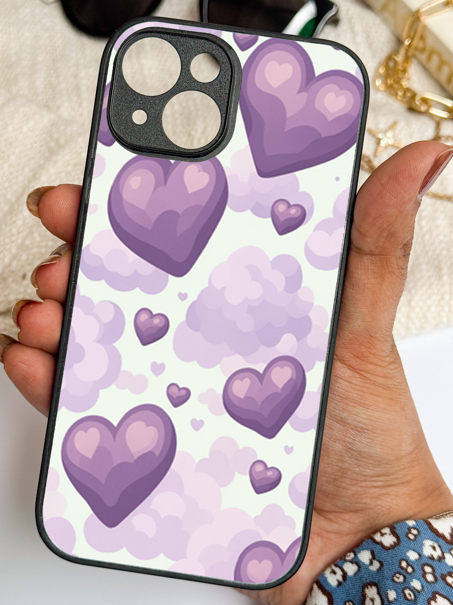 Purple Hearts Premium Glass Back Cover For iPhone 11,12,13,14,15,16 Models