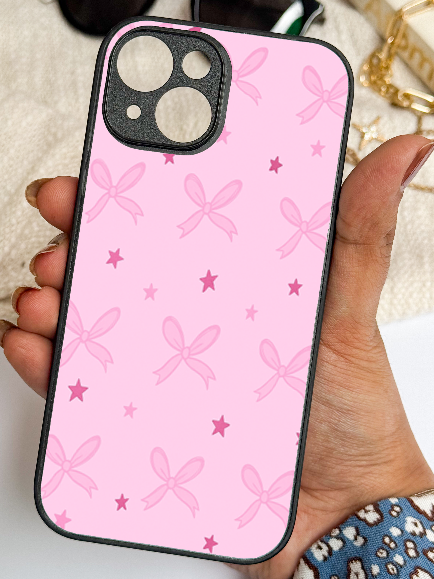 Sparkling Bows Premium Glass Back Cover For iPhone 11,12,13,14,15,16 Models