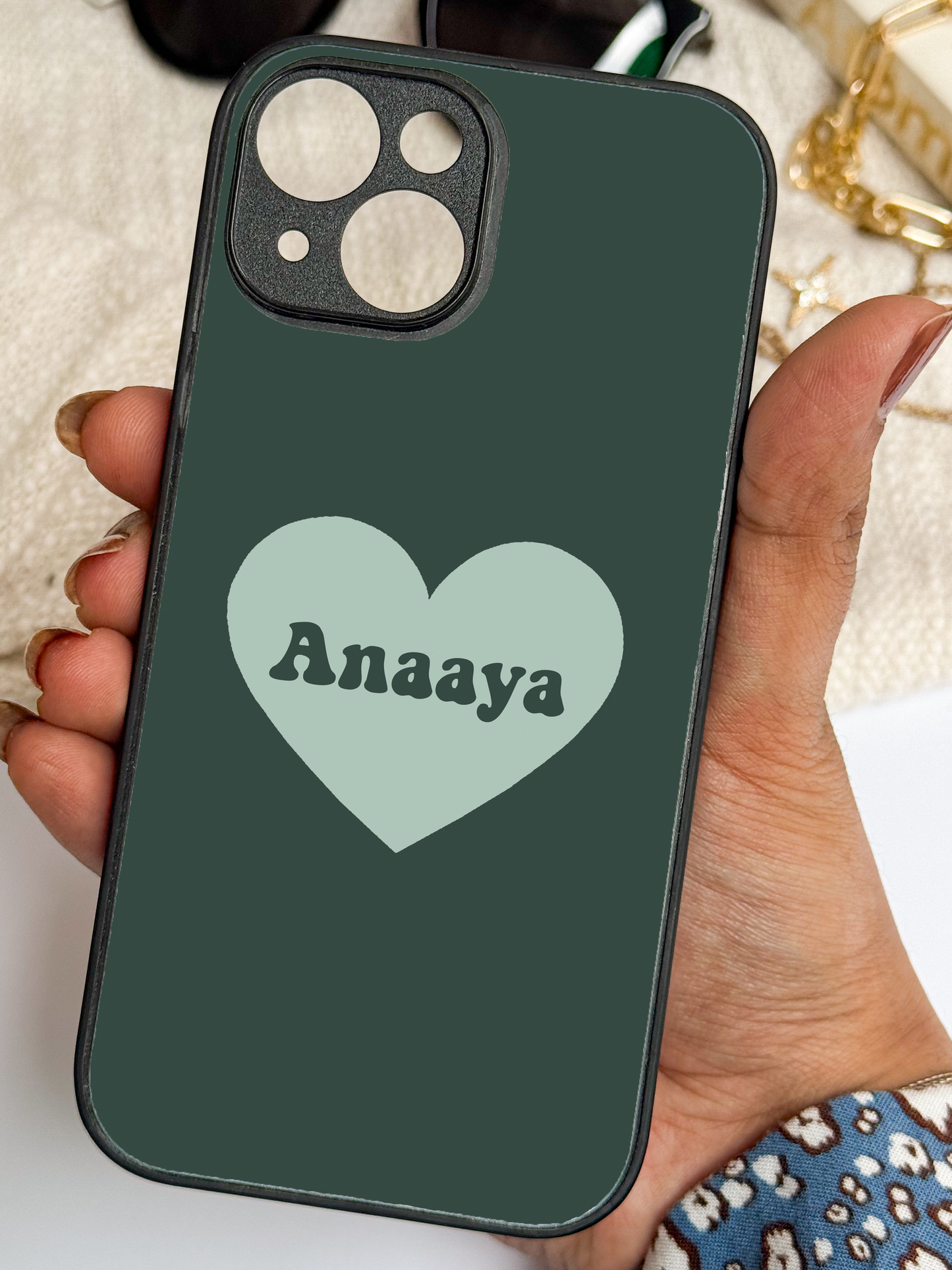 Mint Heart Personalised Name Premium Glass Back Cover For iPhone 11,12,13,14,15,16 Models