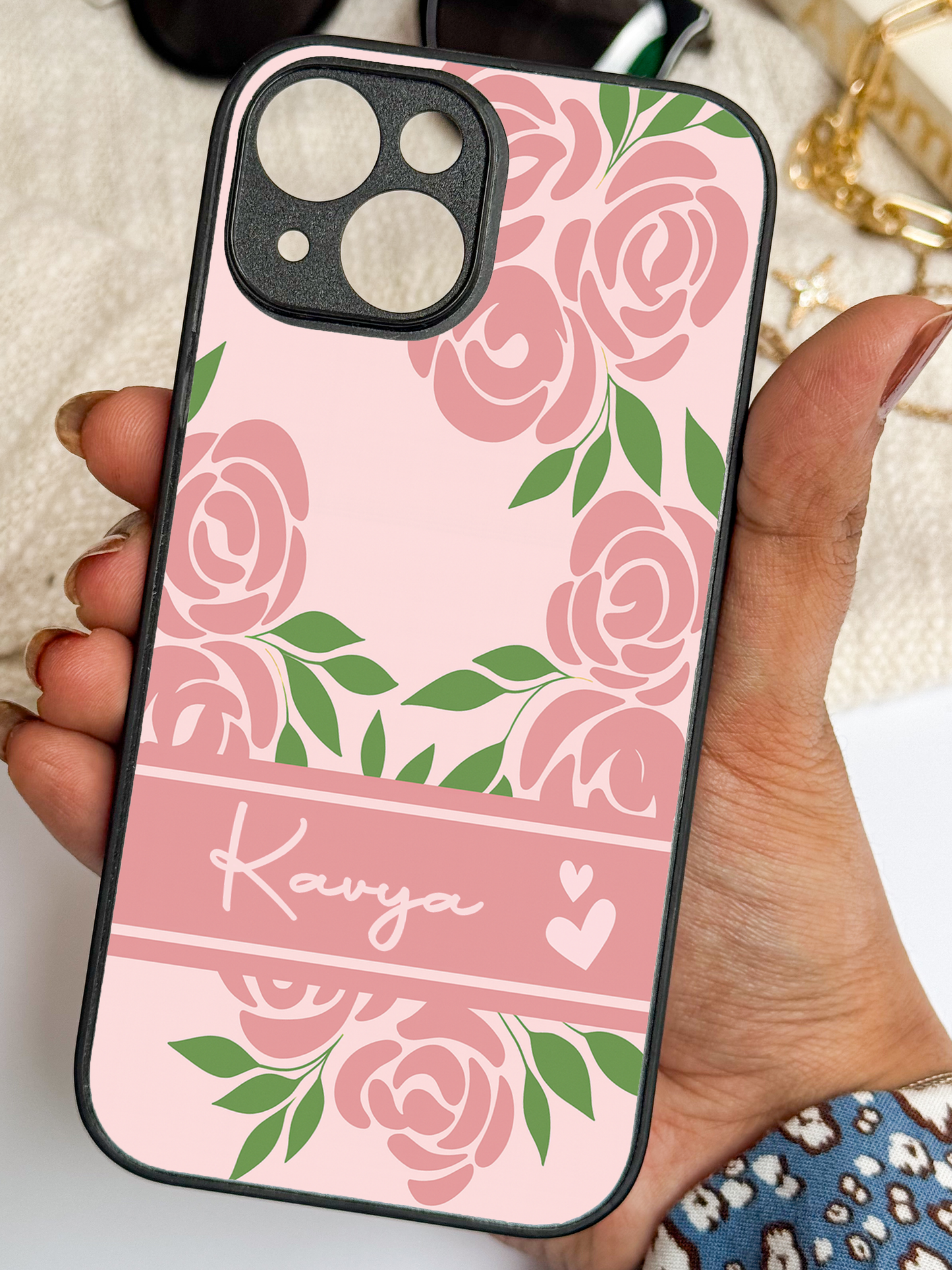 Rosette Bloom Personalised Name Premium Glass Back Cover For iPhone 11,12,13,14,15,16 Models