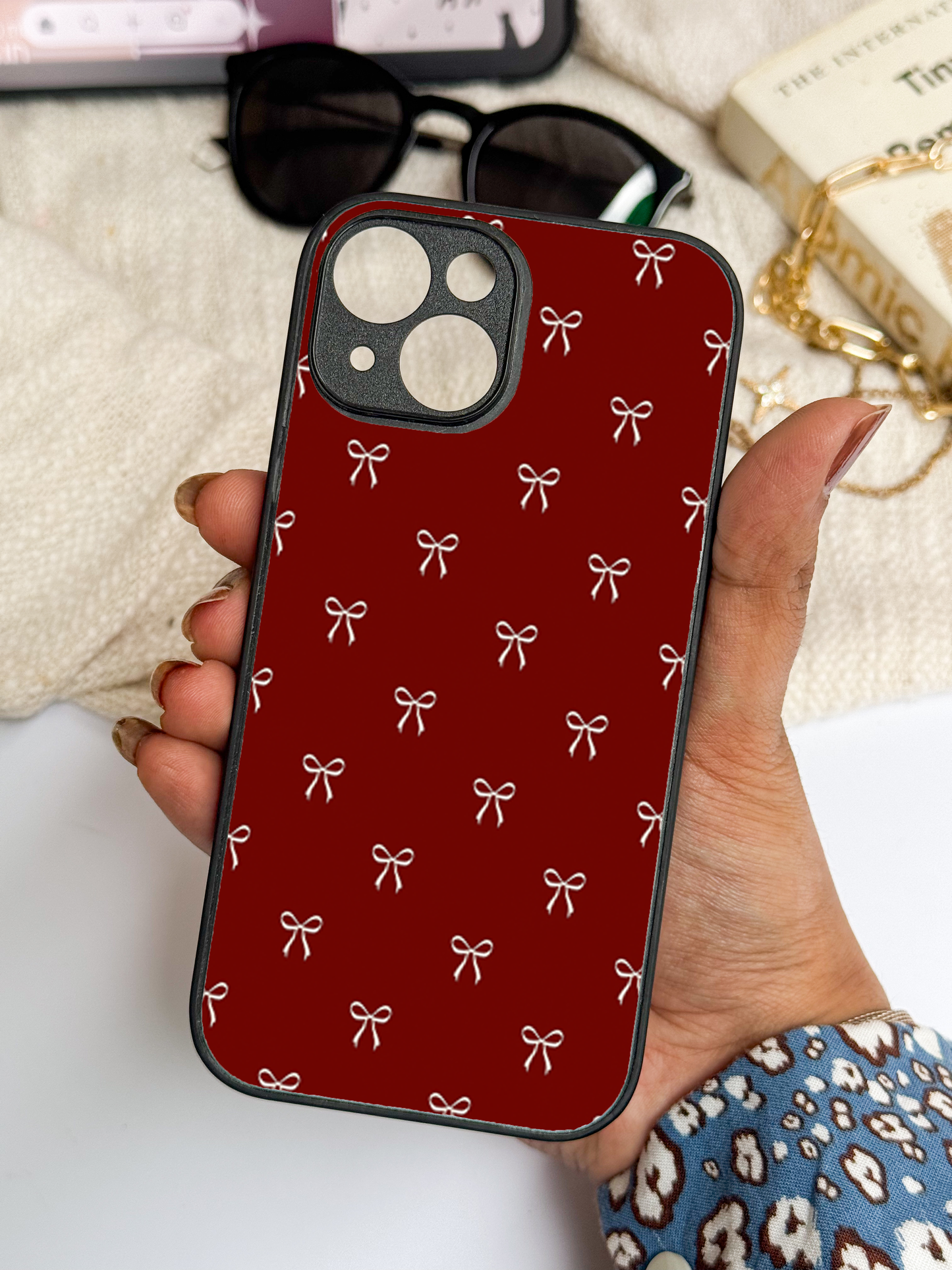 Red Bow Beaut Premium Glass Back Cover For iPhone 11,12,13,14,15,16 Models