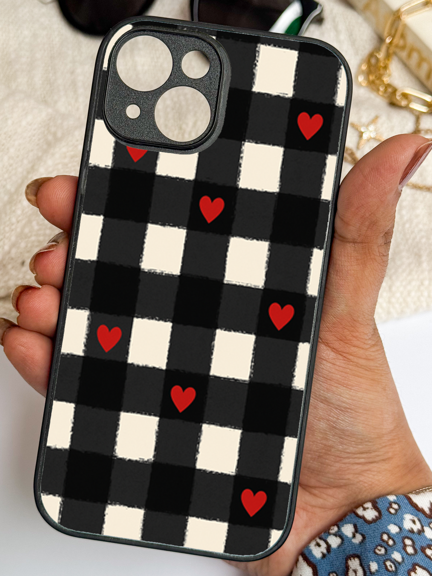 Checkered Hearts Premium Glass Back Cover For iPhone 11,12,13,14,15,16,17 Models