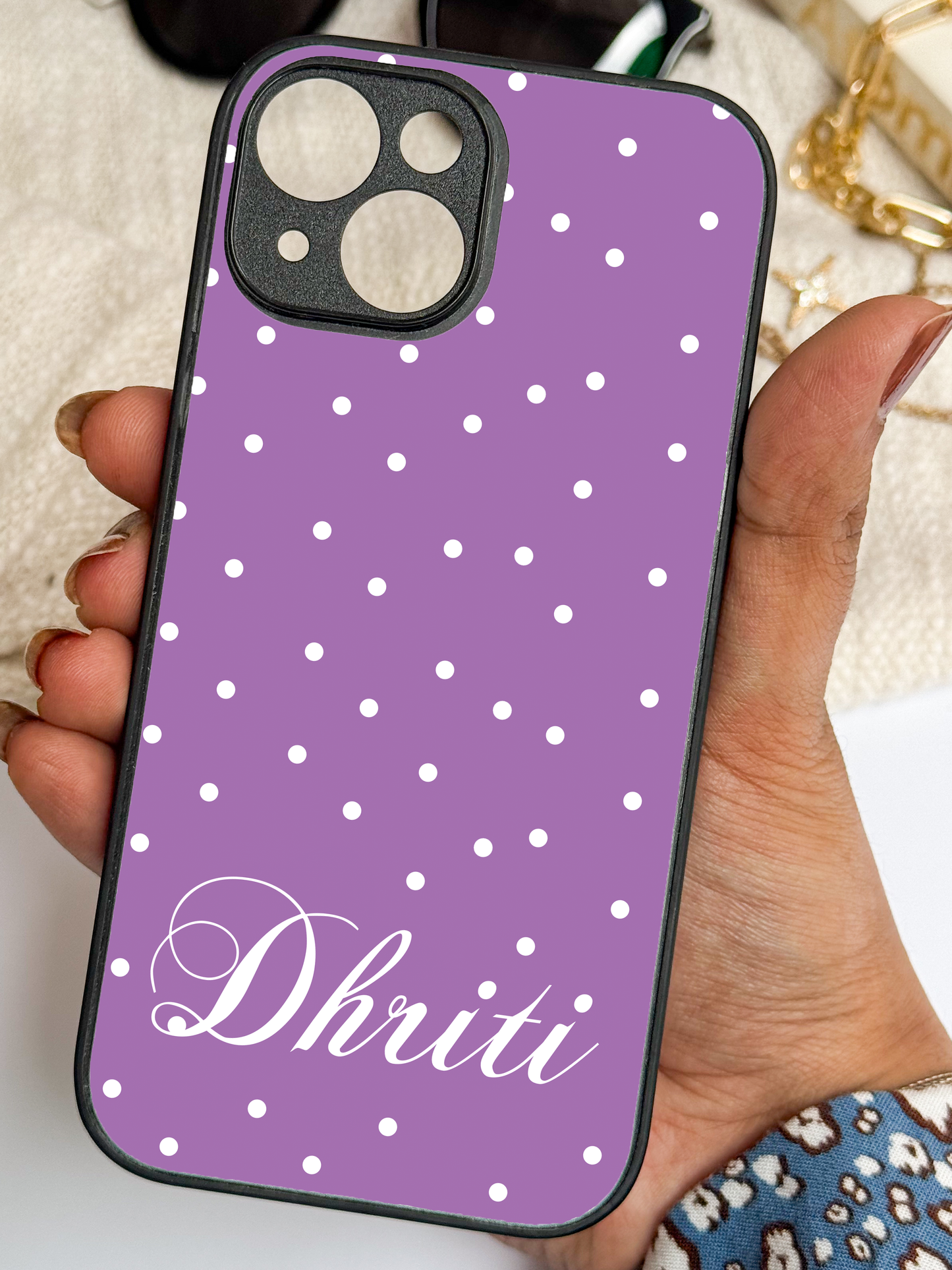 Lavender Dots Personalised Name Premium Glass Back Cover For iPhone 11,12,13,14,15,16 Models