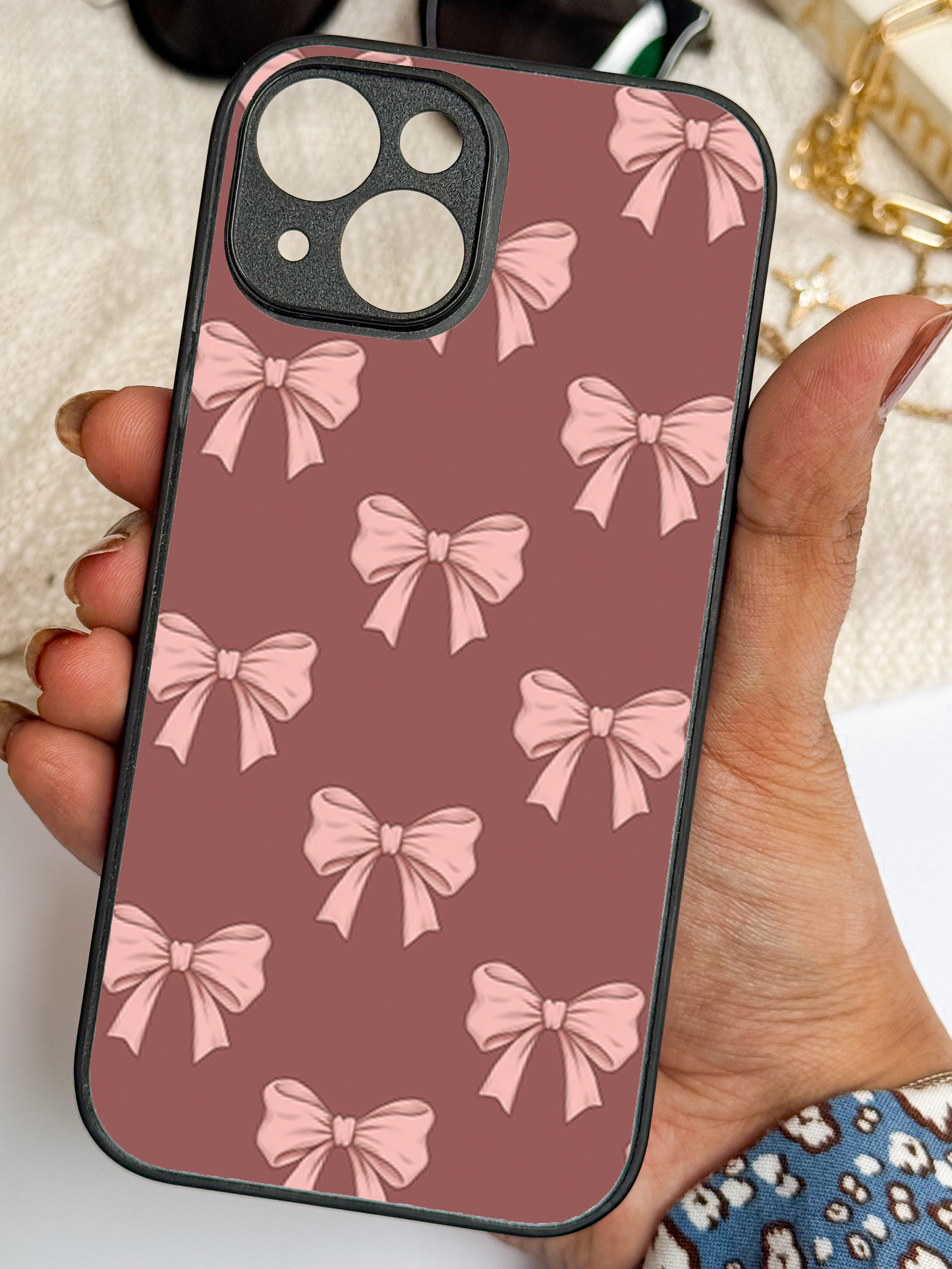 Brown Bows Sketch Premium Glass Back Cover For iPhone 11,12,13,14,15,16 Models