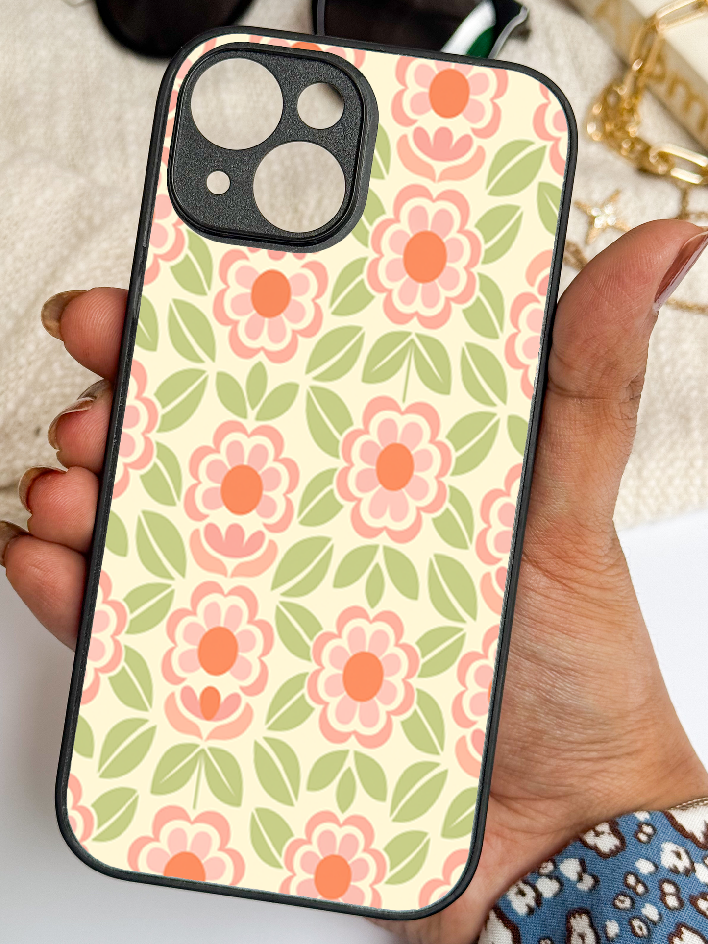 Traditional Floral Love remium Glass Back Cover For iPhone 11,12,13,14,15,16 Models