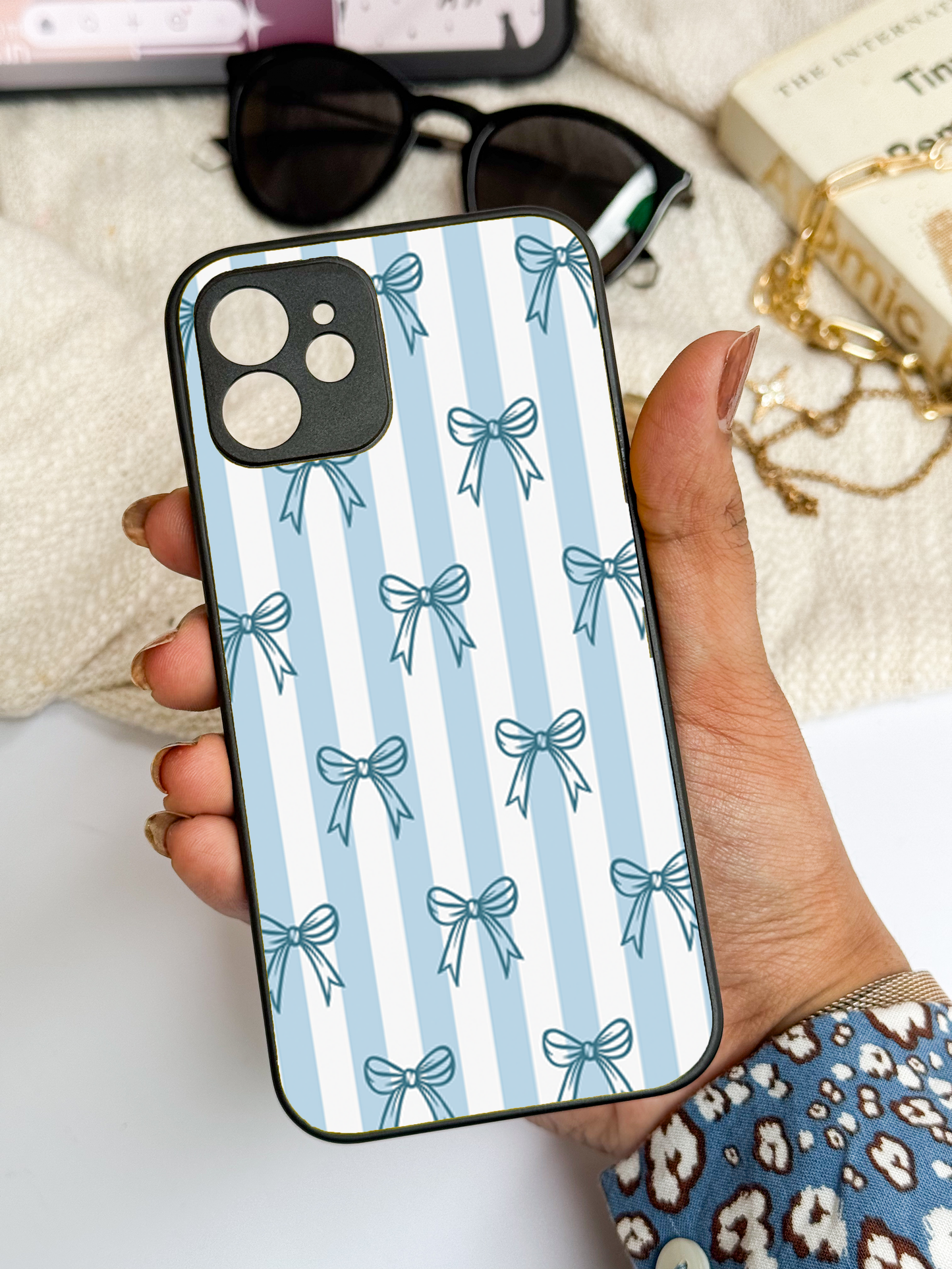 Blue Bows Stripes Sketch Premium Glass Back Cover For iPhone 11,12,13,14,15,16 Models