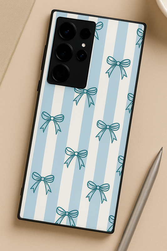 Stripy Blue Bows Premium Glass Back Cover For Galaxy S22, S23, S24, S25 Models