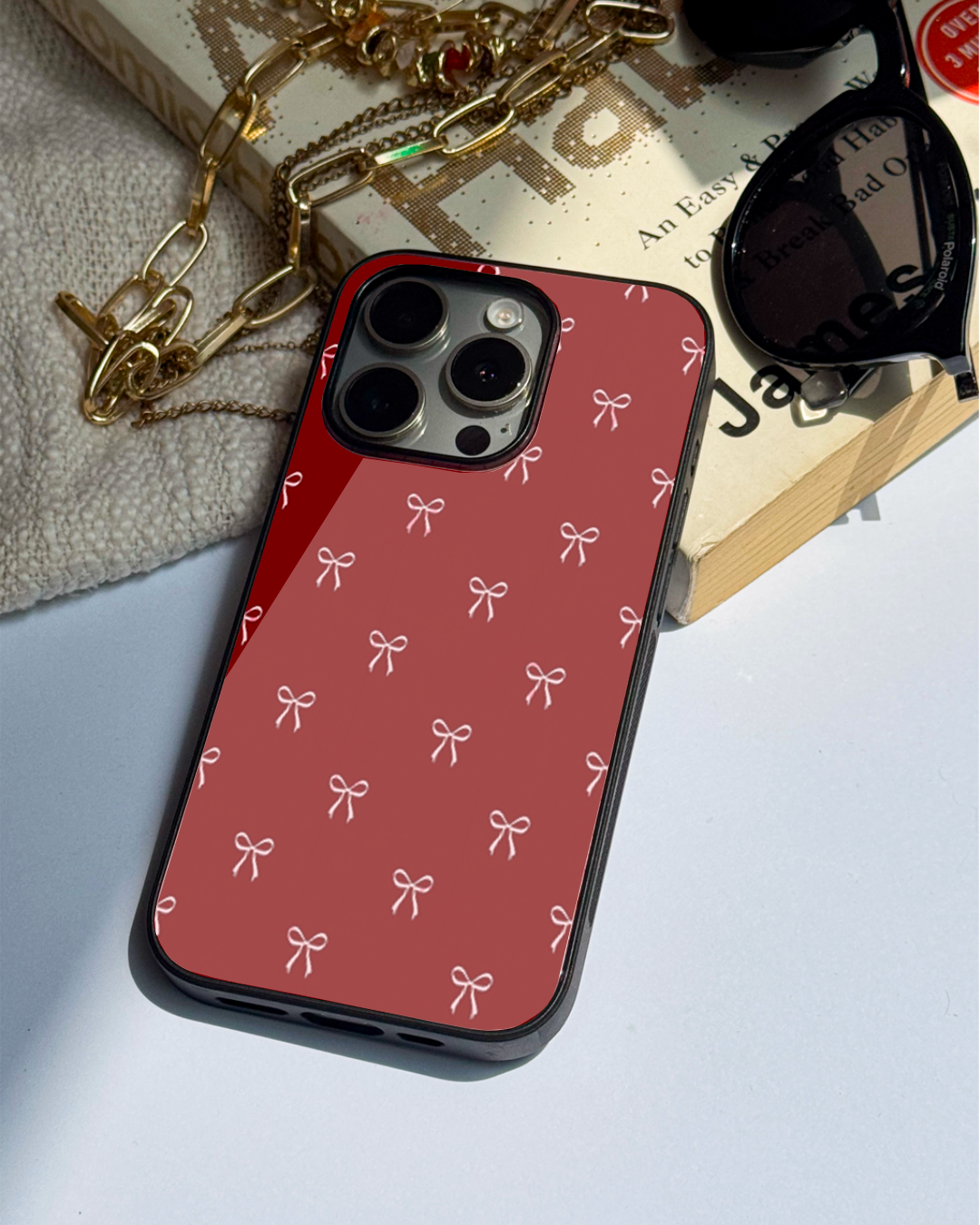Red Bow Beaut Premium Glass Back Cover For iPhone 11,12,13,14,15,16 Models