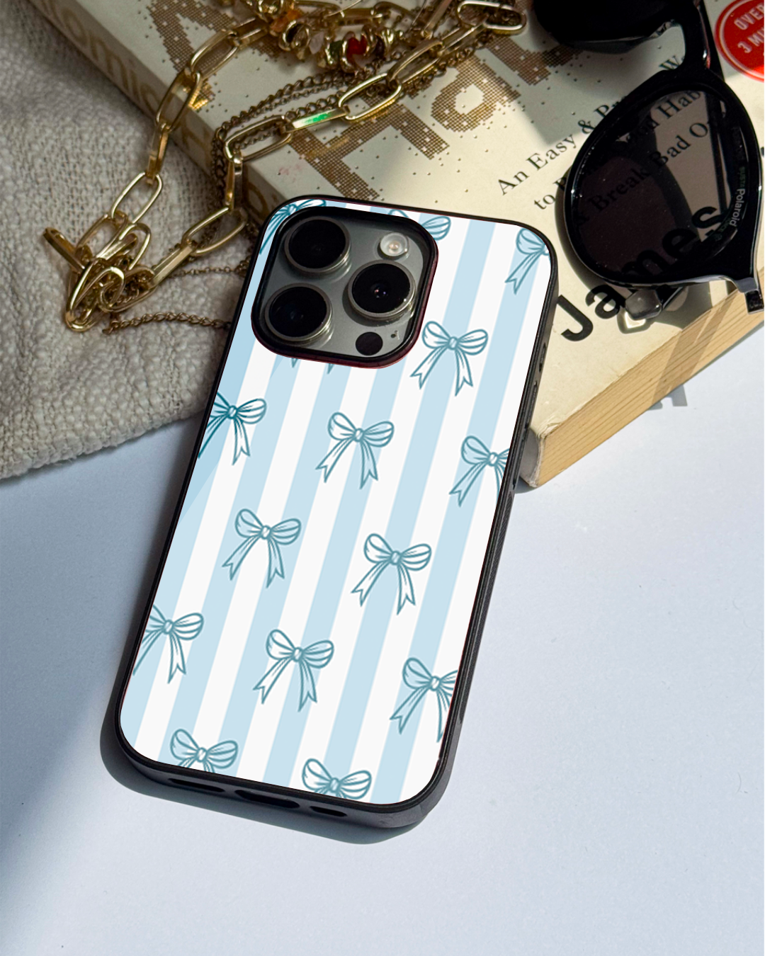 Blue Bows Stripes Sketch Premium Glass Back Cover For iPhone 11,12,13,14,15,16 Models