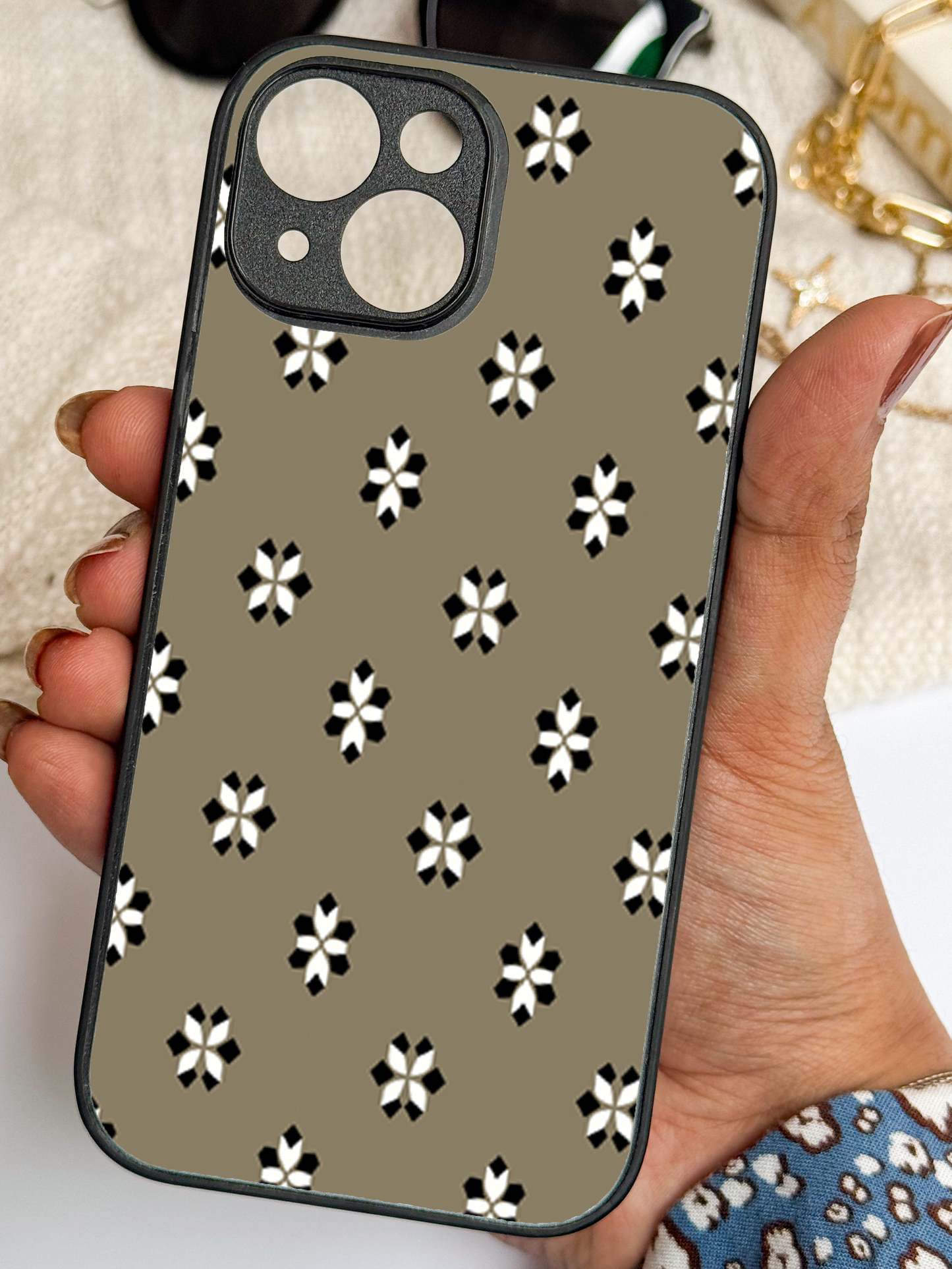 Aesthetic Floral Grid Premium Glass Back Cover For iPhone 11,12,13,14,15,16,17 Models The Case & Co