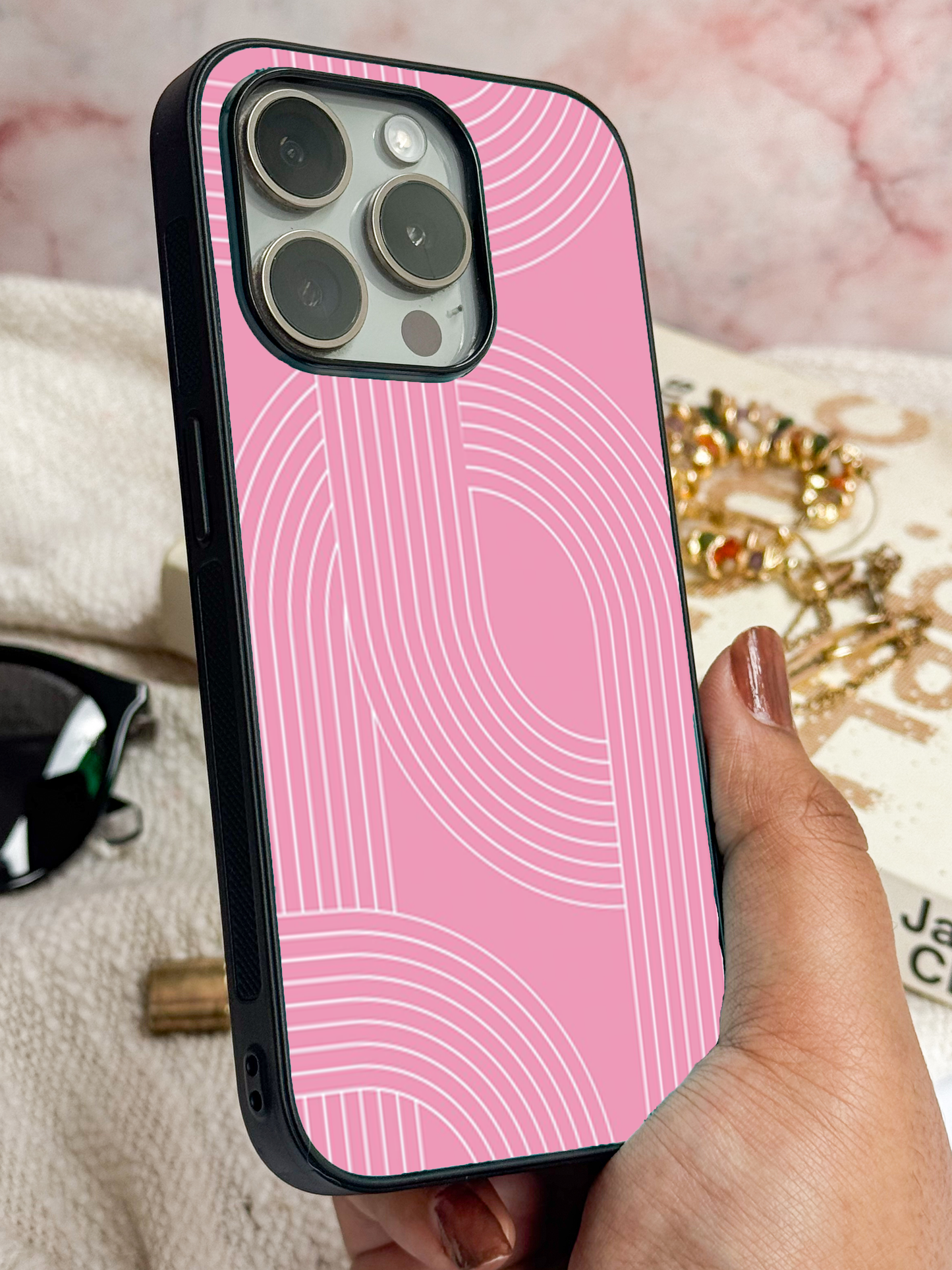 Linear Blush Premium Glass Back Cover For iPhone 11,12,13,14,15,16,17 Models The Case & Co