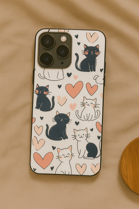Meowgical Hearts Premium Glass Back Cover For iPhone 11,12,13,14,15,16,17 Models The Case & Co