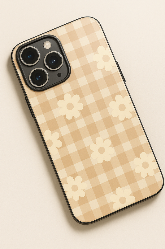 Nude Floral Checks Premium Glass Back Cover For iPhone 11,12,13,14,15,16,17 Models The Case & Co