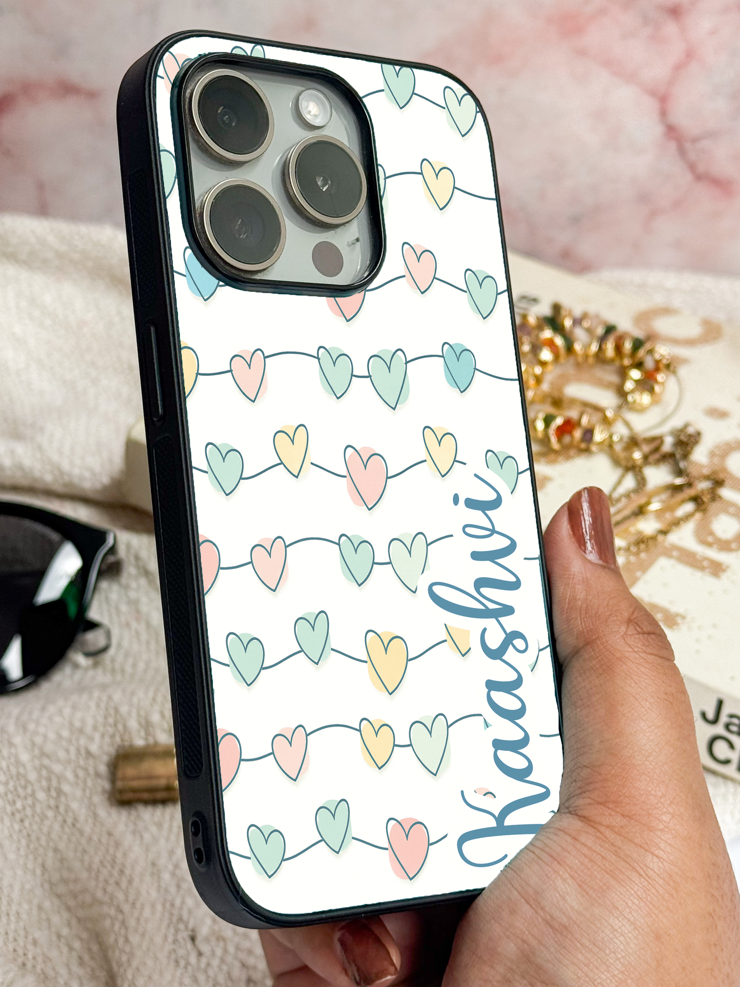 Pastel Strings Loops Personalised Name Premium Glass Back Cover For iPhone 11,12,13,14,15,16,17 Models The Case & Co