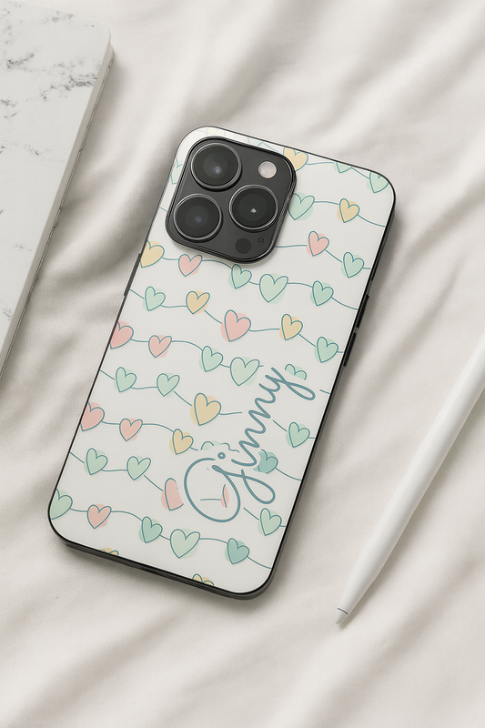 Pastel Strings Loops Personalised Name Premium Glass Back Cover For iPhone 11,12,13,14,15,16,17 Models The Case & Co