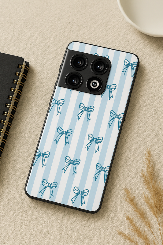 Stripy Blue Bows Premium Glass Back Cover For One Plus 13, 12, 11, 10, Nord Series The Case & Co
