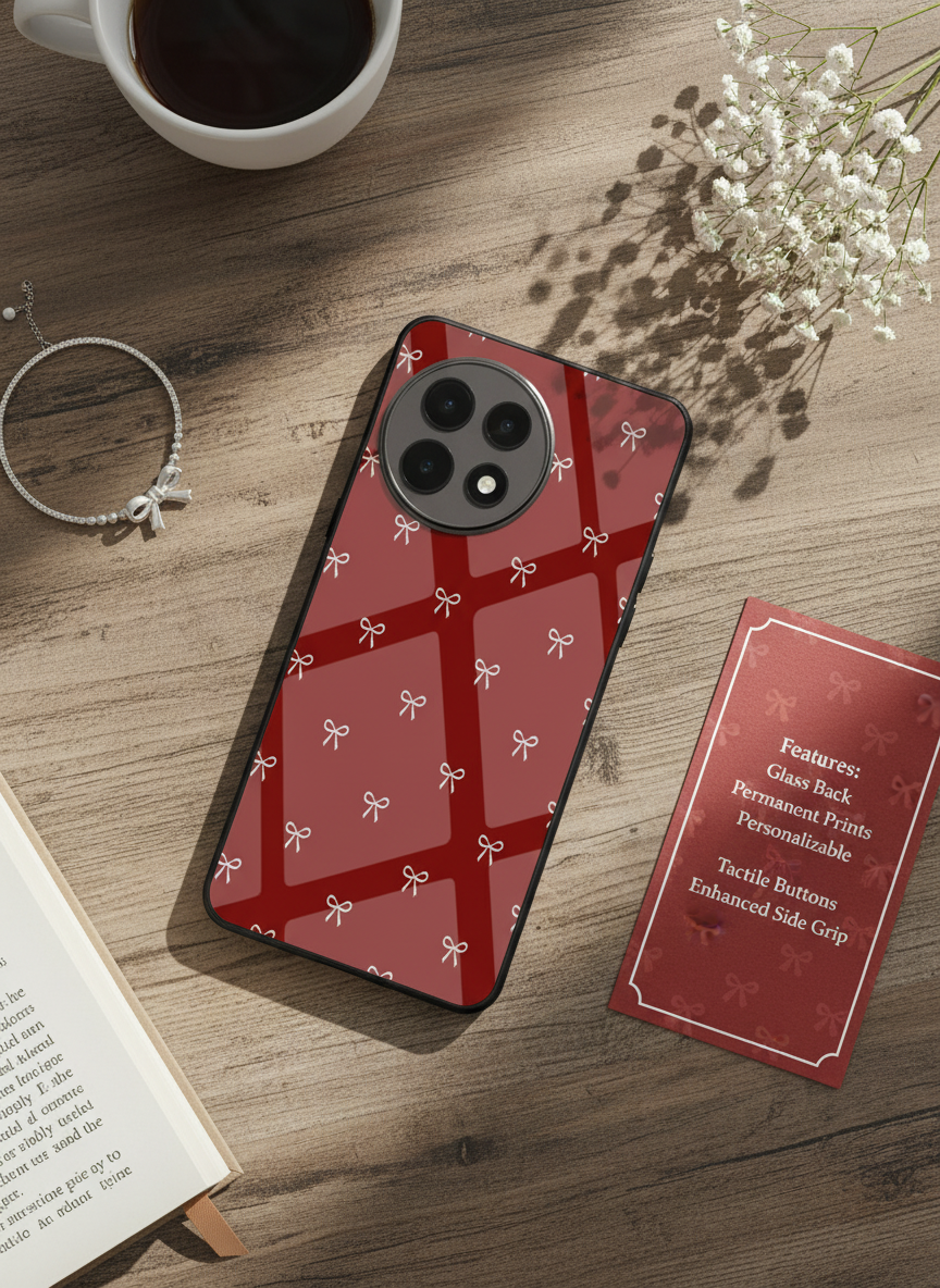Red Bow Beaut Premium Glass Back Cover For One Plus 13, 12, 11, 10, Nord Series