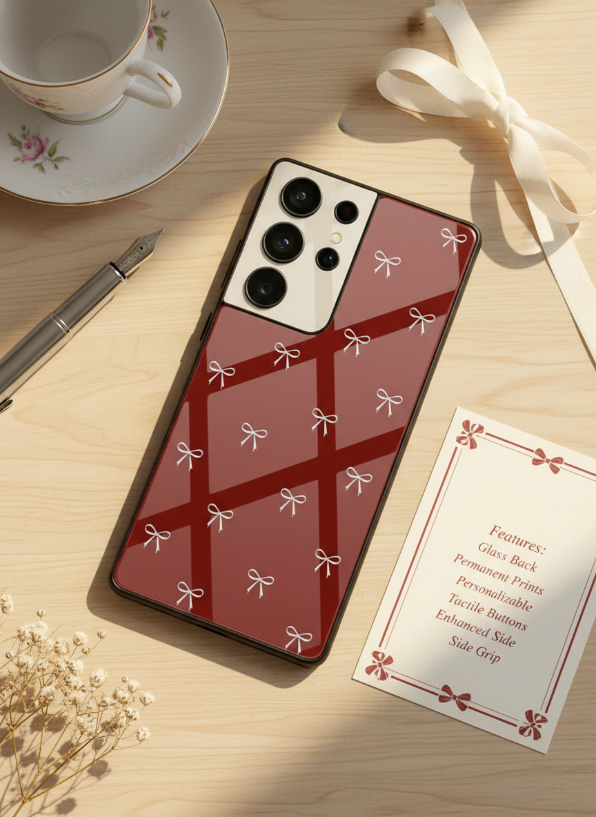 Red Bow Beaut Premium Glass Back Cover For Galaxy S, A, M & F Series