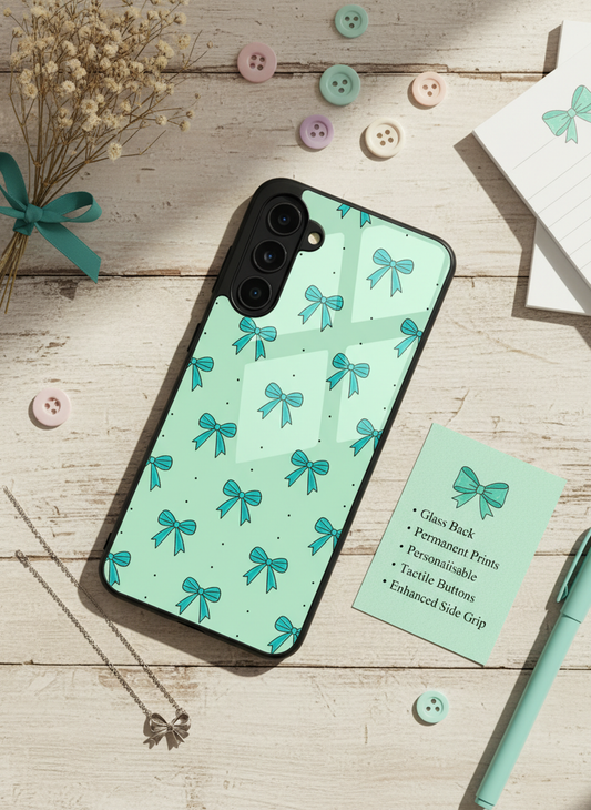 Aesthetic Green Bows Premium Glass Back Cover For Galaxy S, A, M & F Series