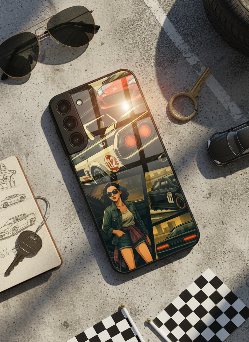 Drag Cars Premium Glass Back Cover For Galaxy S, A, M & F Series