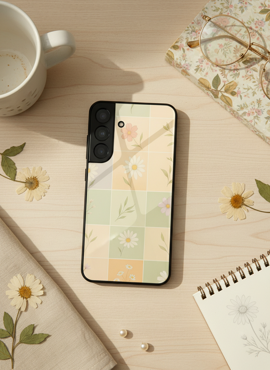 Sage Check Premium Glass Back Cover For Galaxy S, A, M & F Series