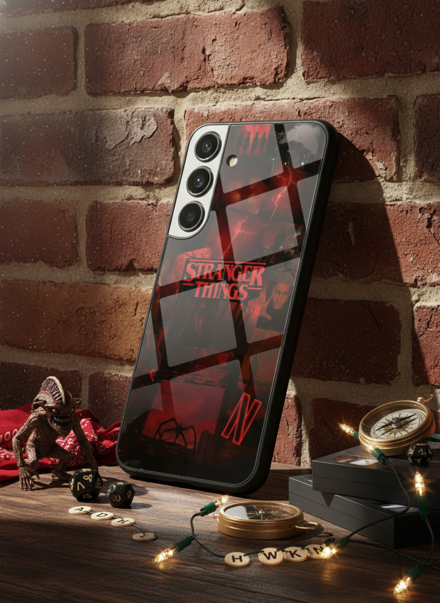 STRANGER THINGS- Red Realm Edit Premium Glass Back Cover For Galaxy S, A, M & F Series