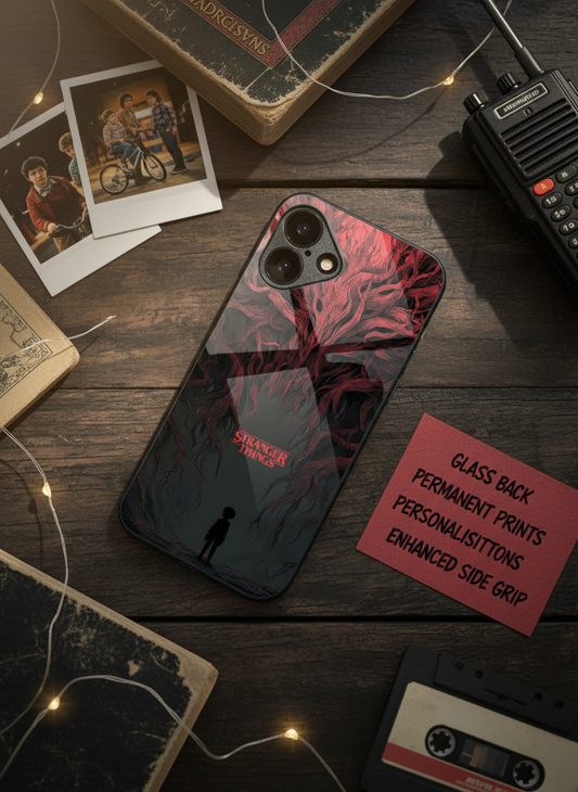 STRANGER THINGS- Stranger Dark Roots Premium Glass Back Cover For iPhone 11-17 Models