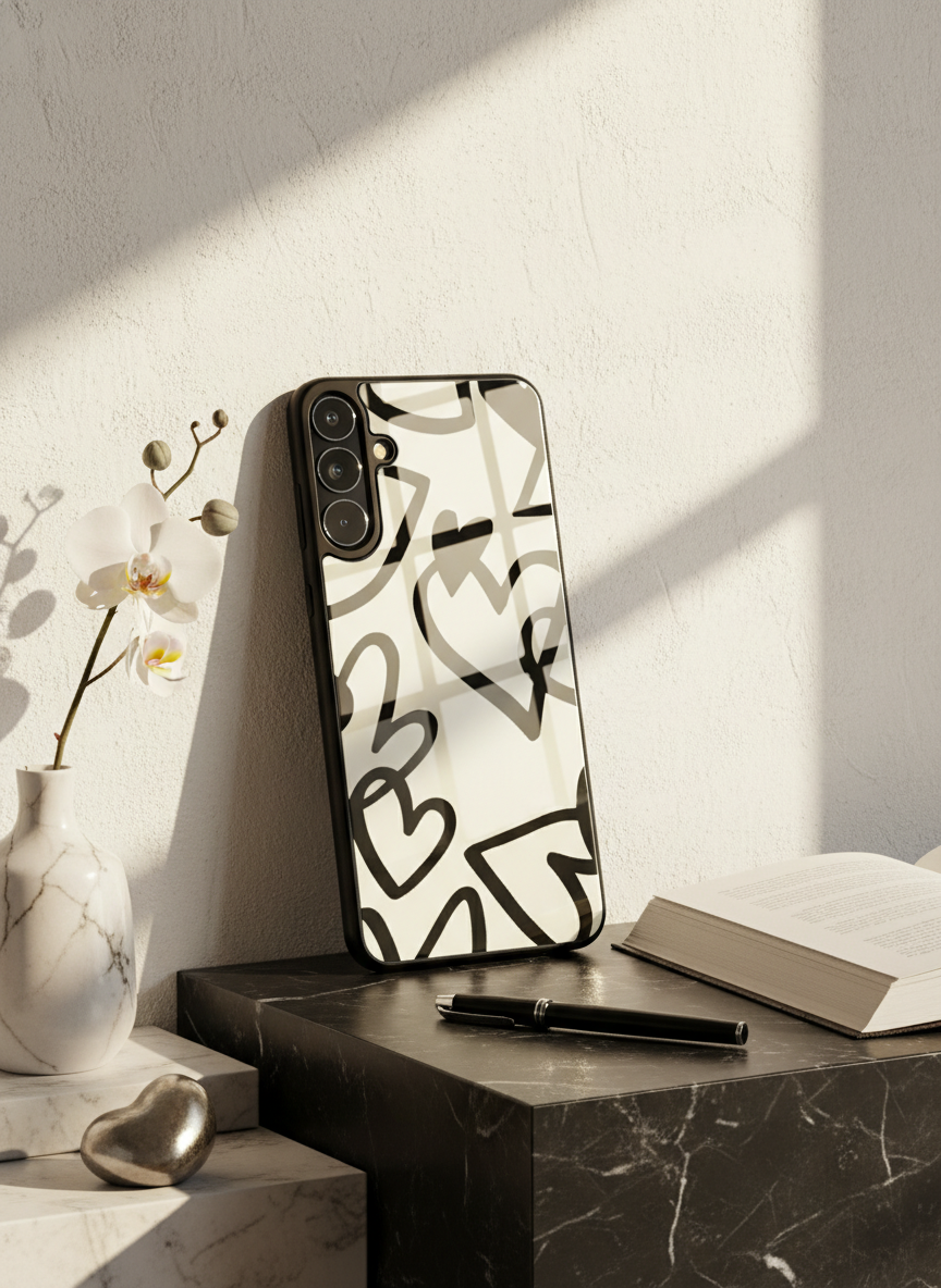 Black Heart Beut Premium Glass Back Cover For Galaxy S, A, M & F Series