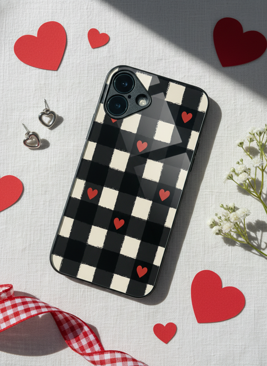 Checkered Hearts Premium Glass Back Cover For iPhone 11-17 Models