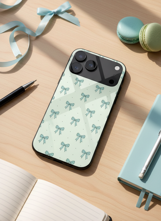 Aesthetic Green Bows Premium Glass Back Cover For iPhone 11-17 Models
