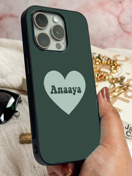 Mint Heart Personalised Name Premium Glass Back Cover For iPhone 11,12,13,14,15,16 Models