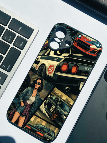 Drag Cars Premium Glass Back Cover For iPhone 11,12,13,14,15,16 Models