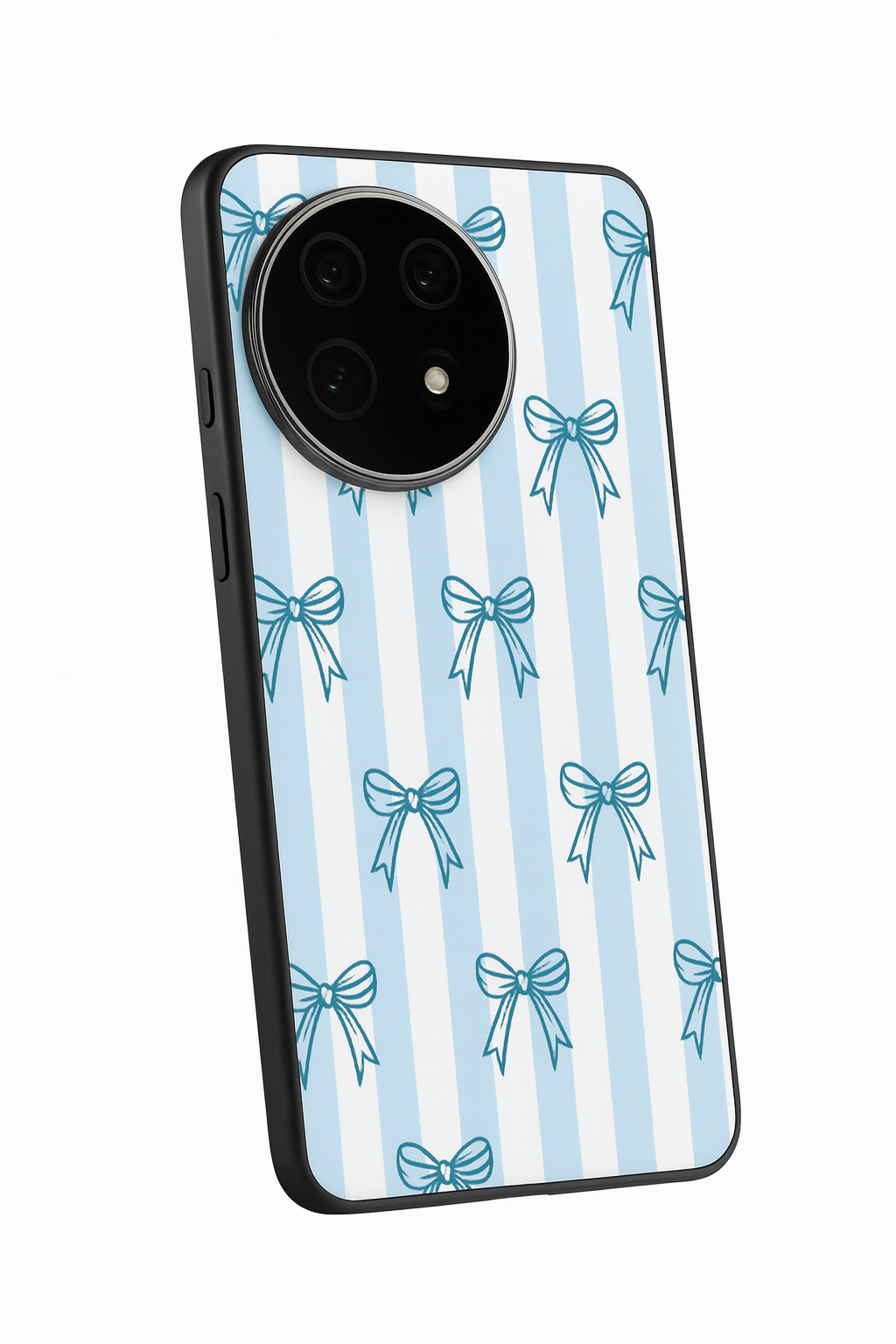 Stripy Blue Bows Premium Glass Back Cover For One Plus 13, 12, 11, 10, Nord Series