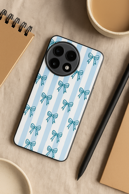 Stripy Blue Bows Premium Glass Back Cover For One Plus 13, 12, 11, 10, Nord Series