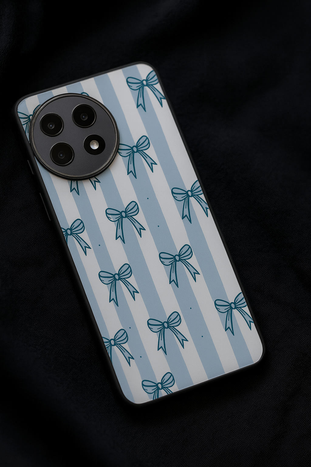 Stripy Blue Bows Premium Glass Back Cover For One Plus 13, 12, 11, 10, Nord Series