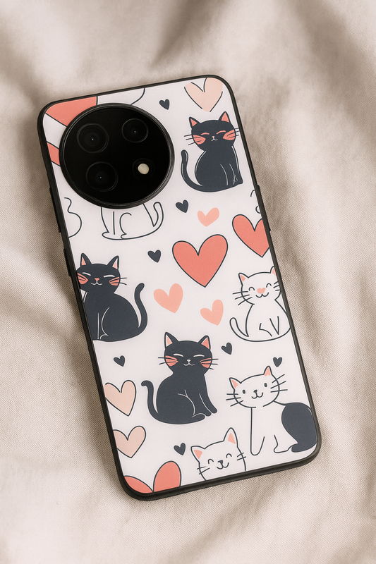Meowgical Hearts Glass Back Cover For One Plus 13, 12, 11, 10, Nord Series