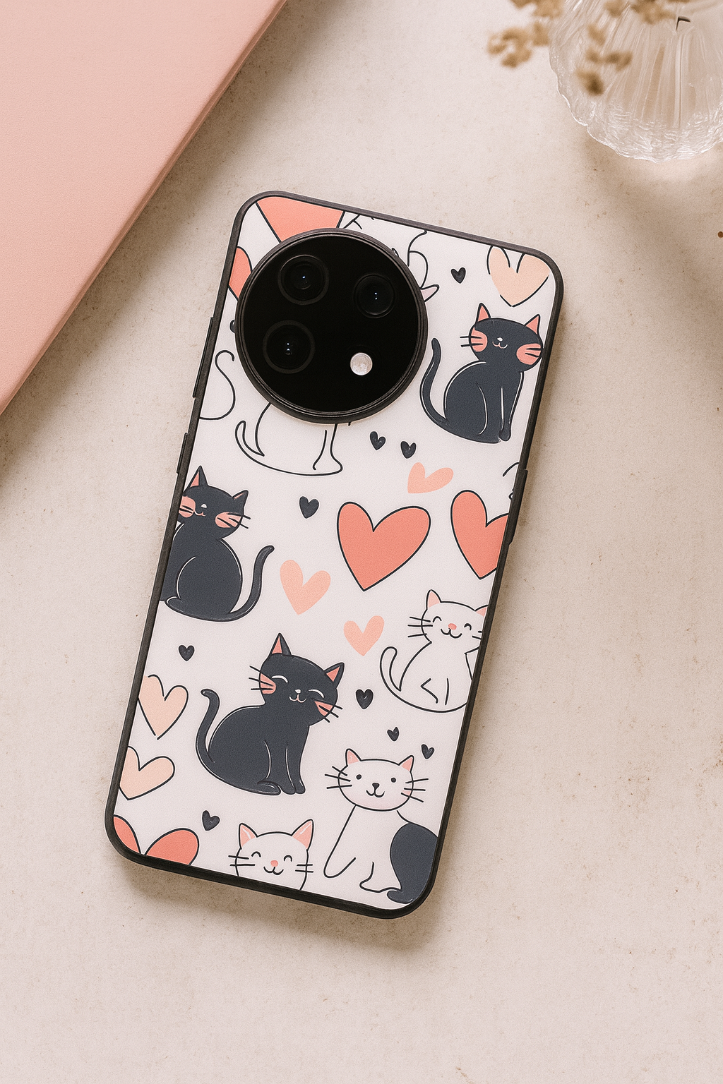 Meowgical Hearts Glass Back Cover For One Plus 13, 12, 11, 10, Nord Series