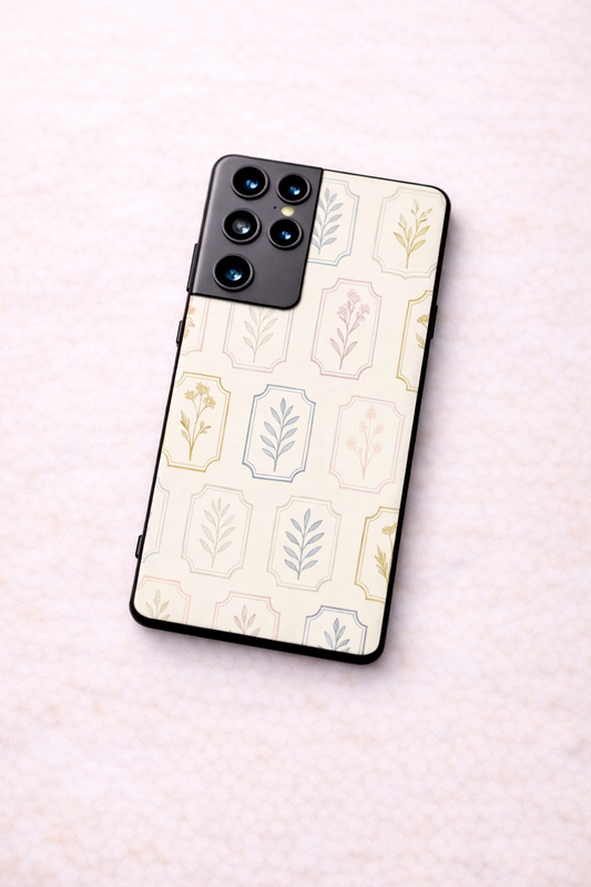 Floral Checks Pattern Premium Glass Back Cover For Galaxy S, A, M & F Series