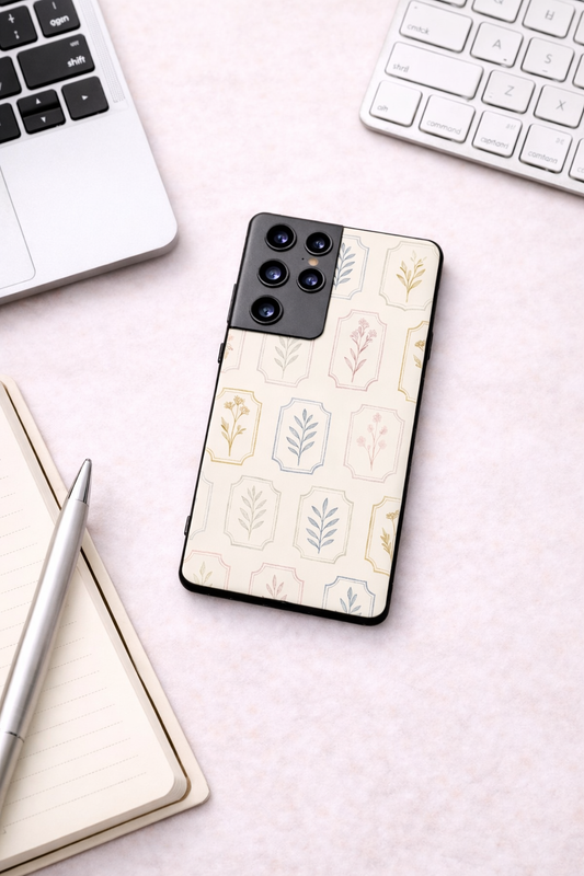 Floral Checks Pattern Premium Glass Back Cover For Galaxy S, A, M & F Series