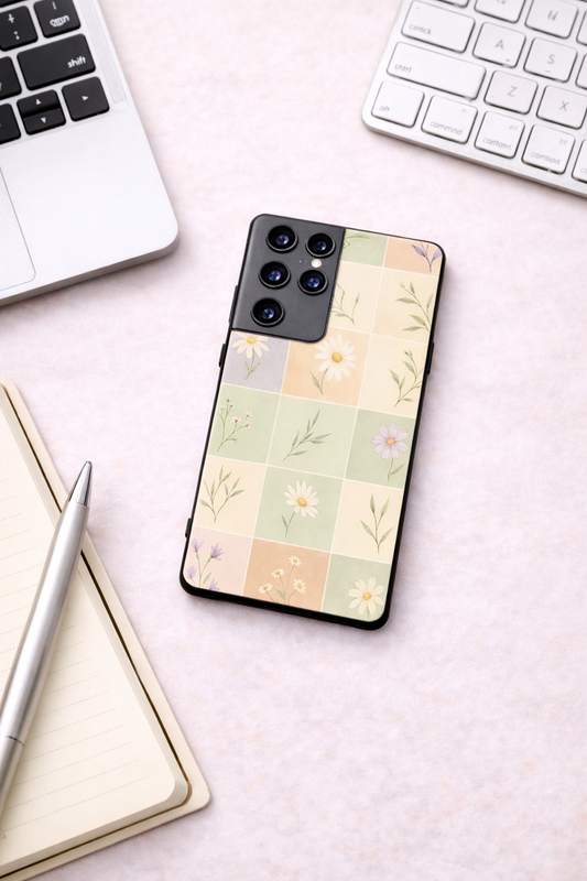 Sage Check Premium Glass Back Cover For Galaxy S, A, M & F Series