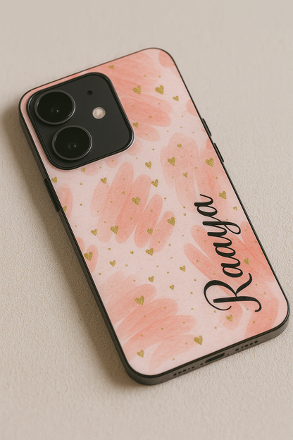 Golden Hearts Personalised Name Premium Glass Back Cover For iPhone 11,12,13,14,15,16 Models