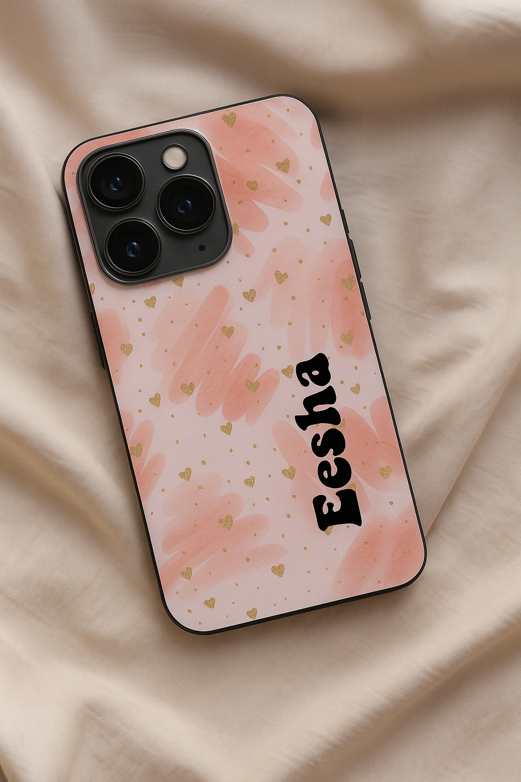 Golden Hearts Personalised Name Premium Glass Back Cover For iPhone 11,12,13,14,15,16 Models