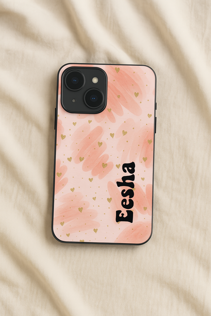 Golden Hearts Personalised Name Premium Glass Back Cover For iPhone 11,12,13,14,15,16 Models