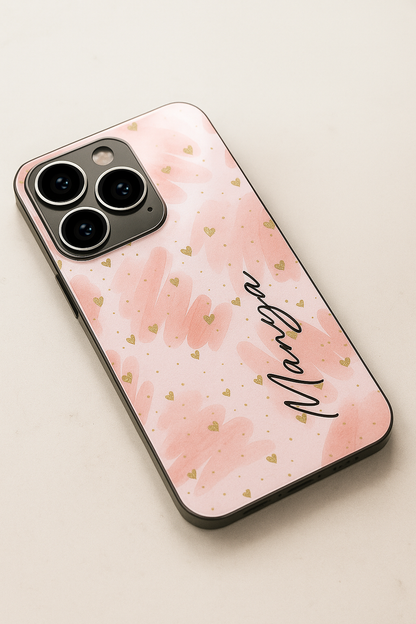 Golden Hearts Personalised Name Premium Glass Back Cover For iPhone 11,12,13,14,15,16 Models