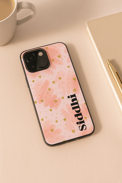 Golden Hearts Personalised Name Premium Glass Back Cover For iPhone 11,12,13,14,15,16 Models