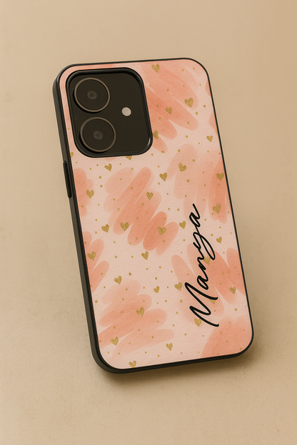 Golden Hearts Personalised Name Premium Glass Back Cover For iPhone 11,12,13,14,15,16 Models